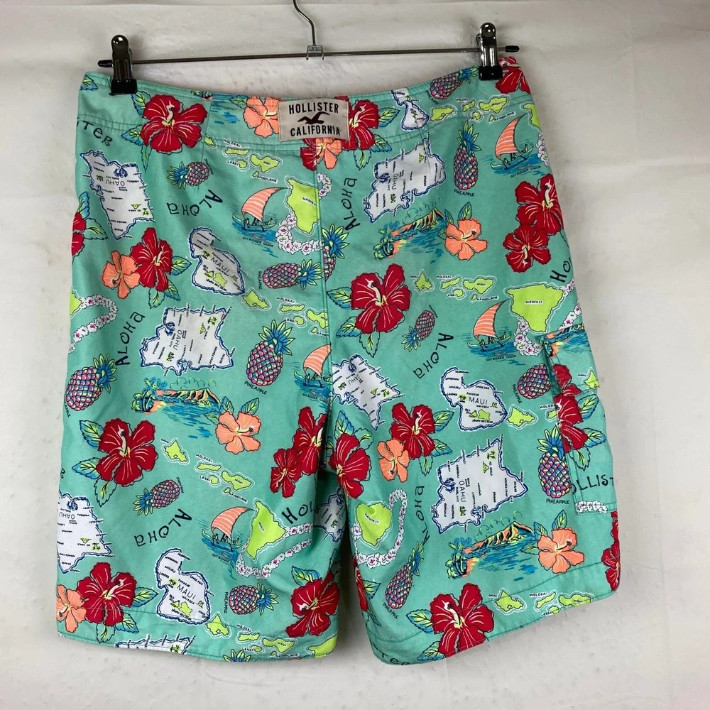 Hollister Board Shorts Mens Size M Hawaiian Map Tropical‎ Swim Beach Surf Pool